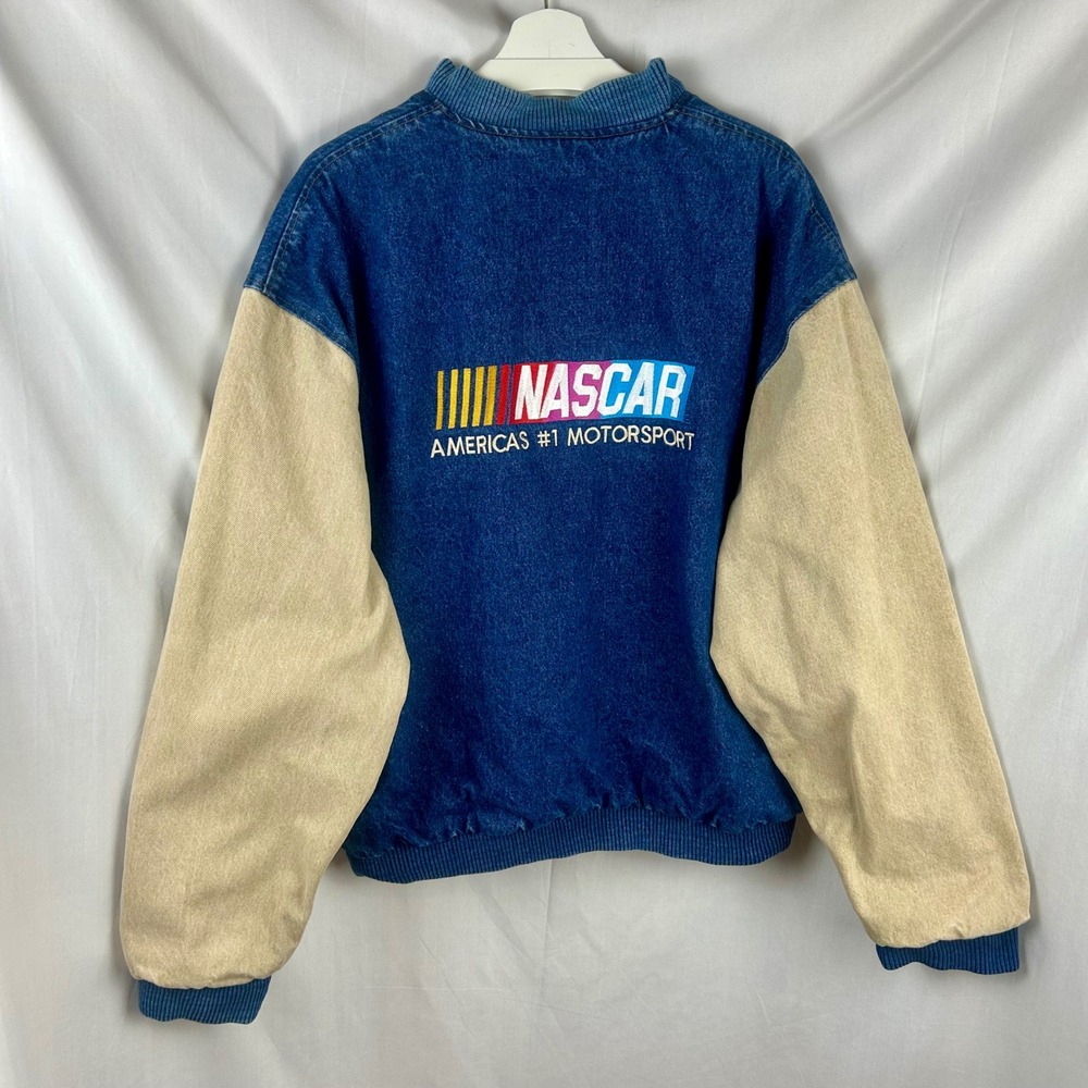 Vintage 90s NASCAR Three Rivers Denim Varsity Jacket Men Large Blue Tan USA Made - Picture 9 of 13